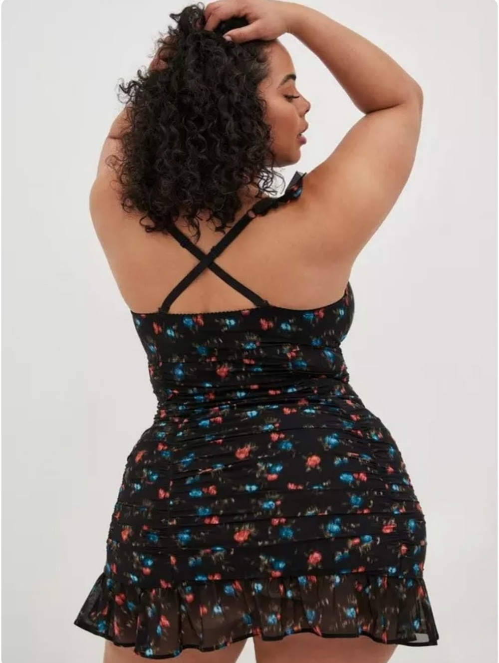 Torrid NWT Black Ruched Mesh Ruffle Chemise Sweet Okay Floral Size 1 1X